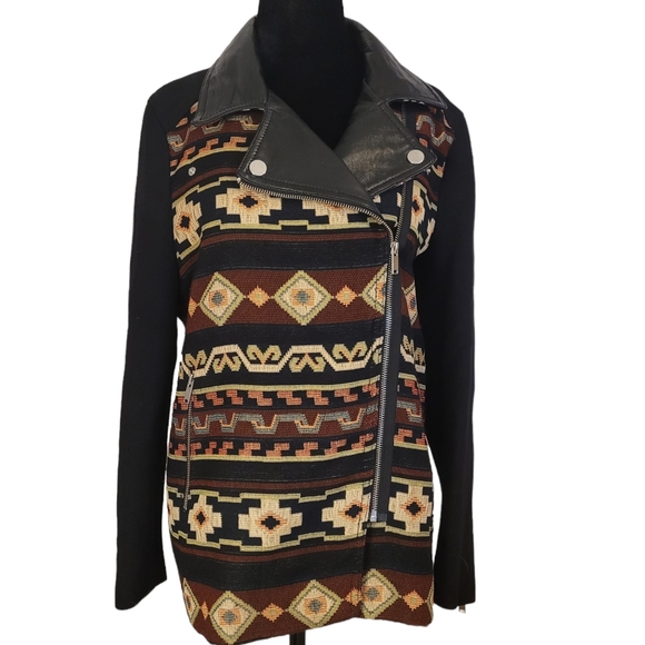 Zara Jackets & Blazers - Zara Women Black Leather Aztec Knit Moto Jacket Sz M